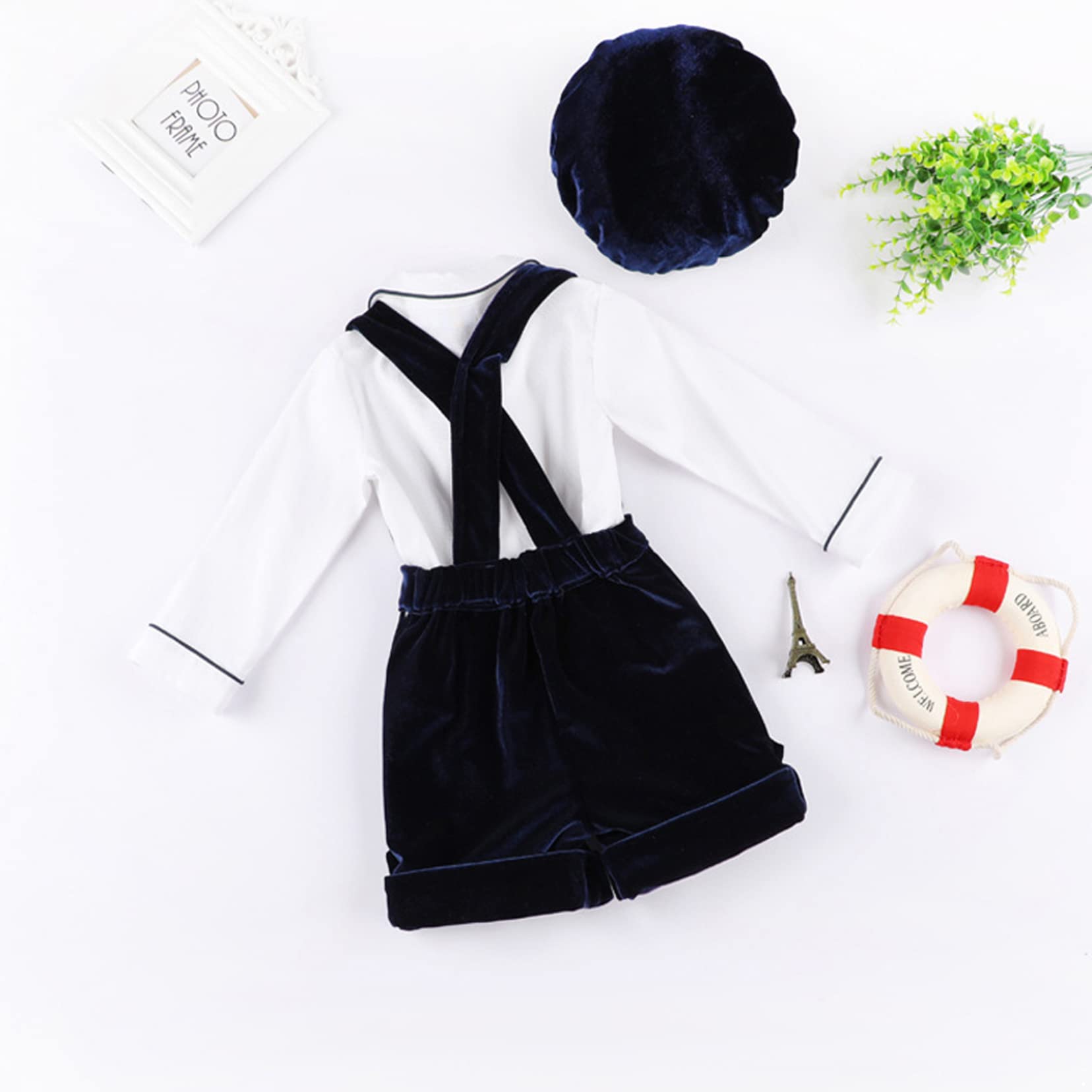 Baby Jungen Anzug 3 Stücke Gentleman Kleidung Set Langarm Fliege Hemd + Samt Shorts Mit Hosenträger + Schirmmütze Taufanzug Hochzeit Geburtstag Party Anzüge