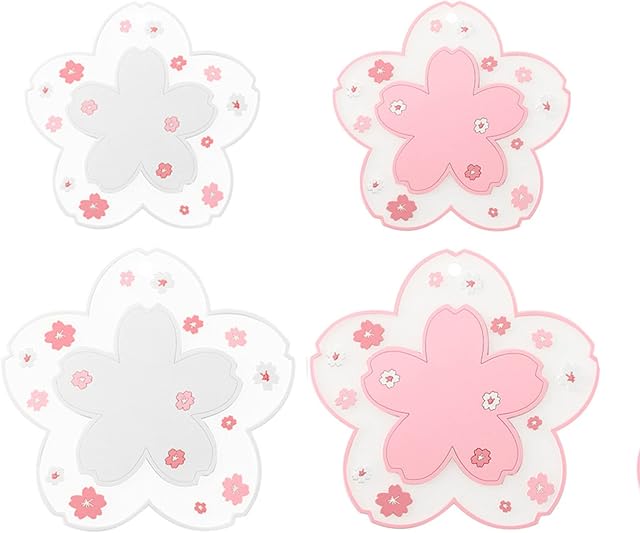 XFLYP 4 PCS Cherry Blossom Cup Mat, Cute Non-Slip Washable Reusable Heat Resistant Silicone Coasters for Home Office Restaurant Cafe Hotel Decoration Use (2Pink+2White)