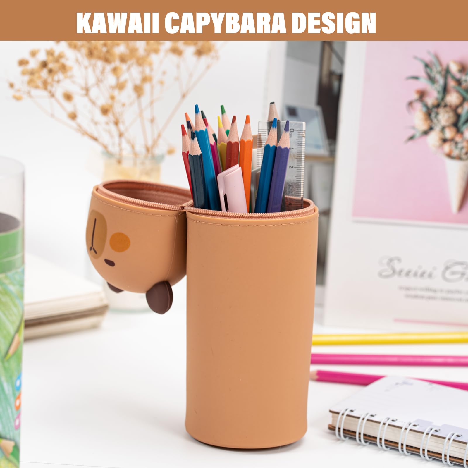 Zouwel Capybara 2 en 1 en Silicone, Trousse Kawaii pour Filles et Garçons | Rangement pour Crayons et Marqueurs