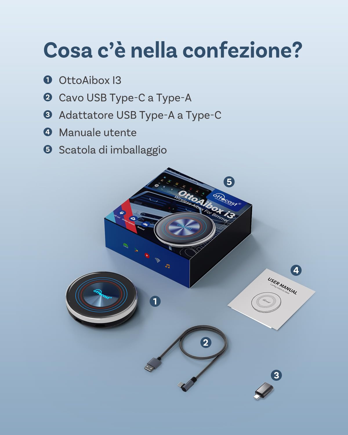 2026 Nuova Edizione Ottocast I3 AI Box per BMW, Adattatore CarPlay Wireless con Supporto Netflix/YouTube, Split-Screen,Android 13 Video Entertainment Box per Auto OEM con CarPlay Wireless(8GB+128GB)