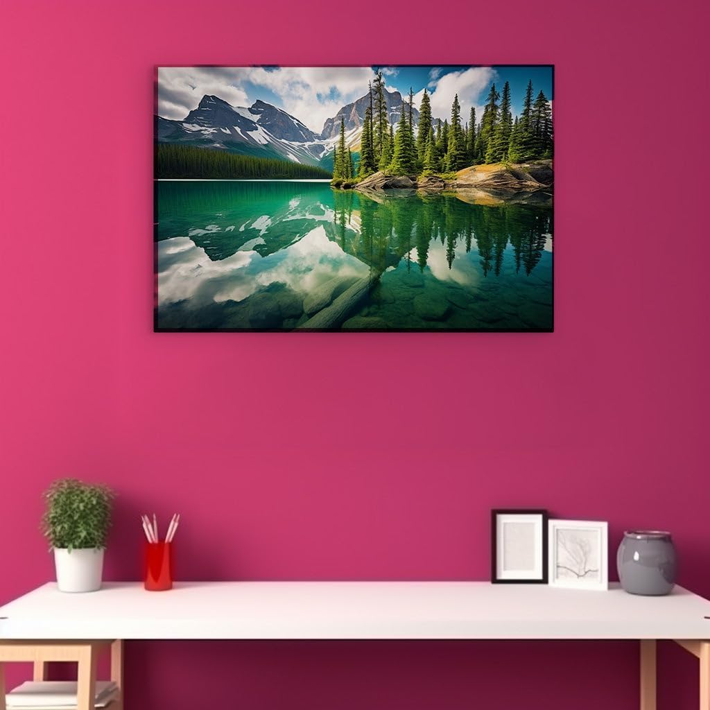 Canvas for Living room. Tranquil Waters and Towering Peaks: A Pristine Reflection of Nature's Serenity, 27 x 18 inch Canvas Wall Art - Contemporary Masterpieces - Modern Home Decor