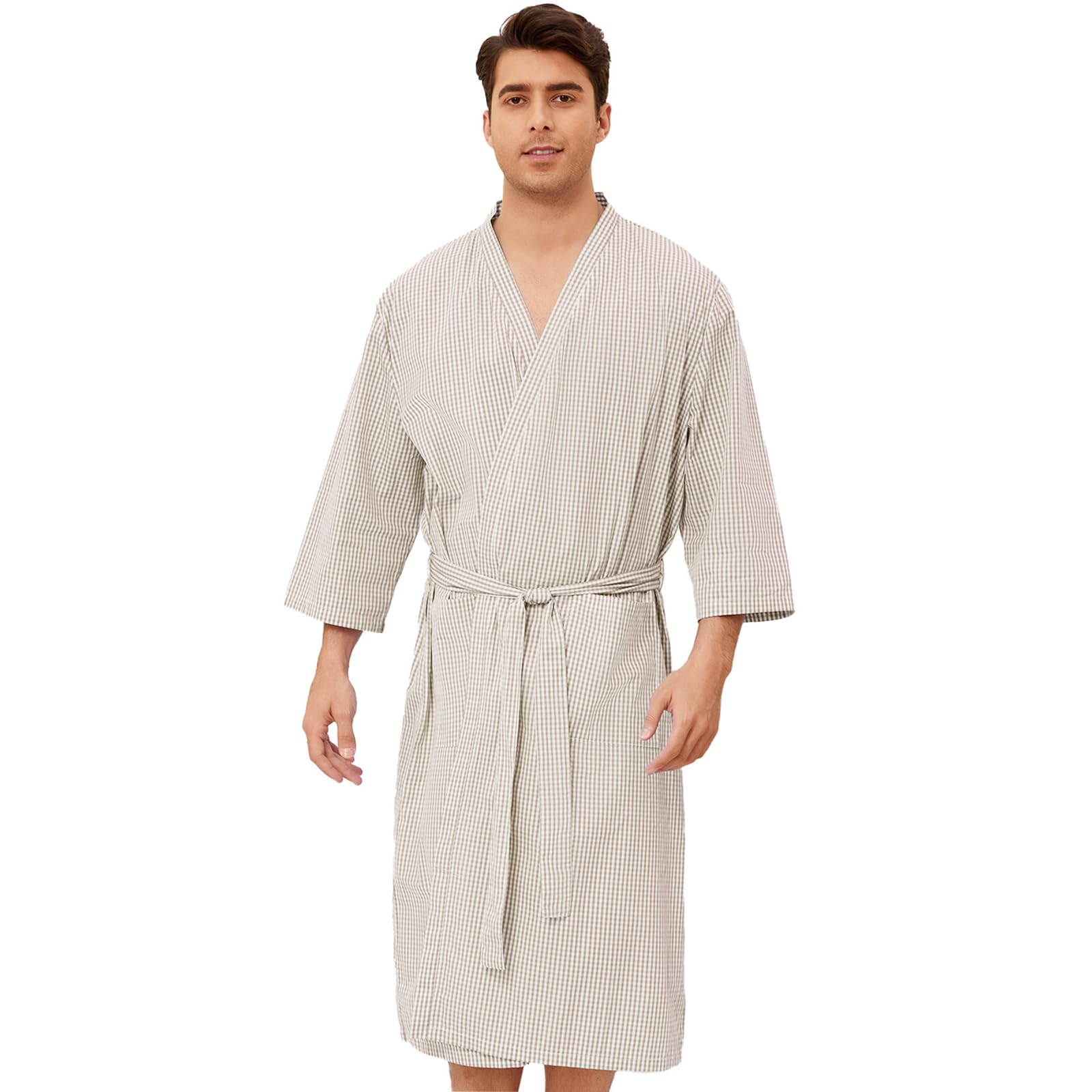 Men's Cotton Lightweight Bath Robe with Pockets, Soft Summer Mens Bathrobe, Comfy Spa Pool Hotel Gift Kimono Robe for Men