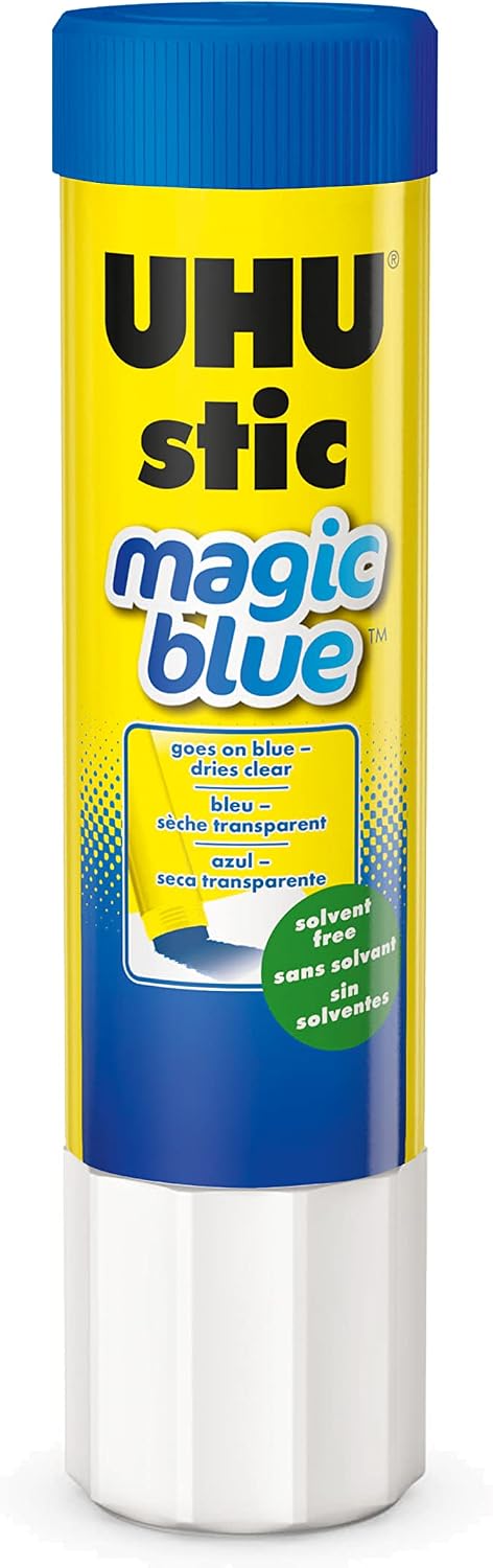 UHU Colored Glue Stick, 0.74oz Blue, rubs on Blue & Dries Clear, Washable, Solvent Free, Screw on Cap, Pack of 12, 9U 99602