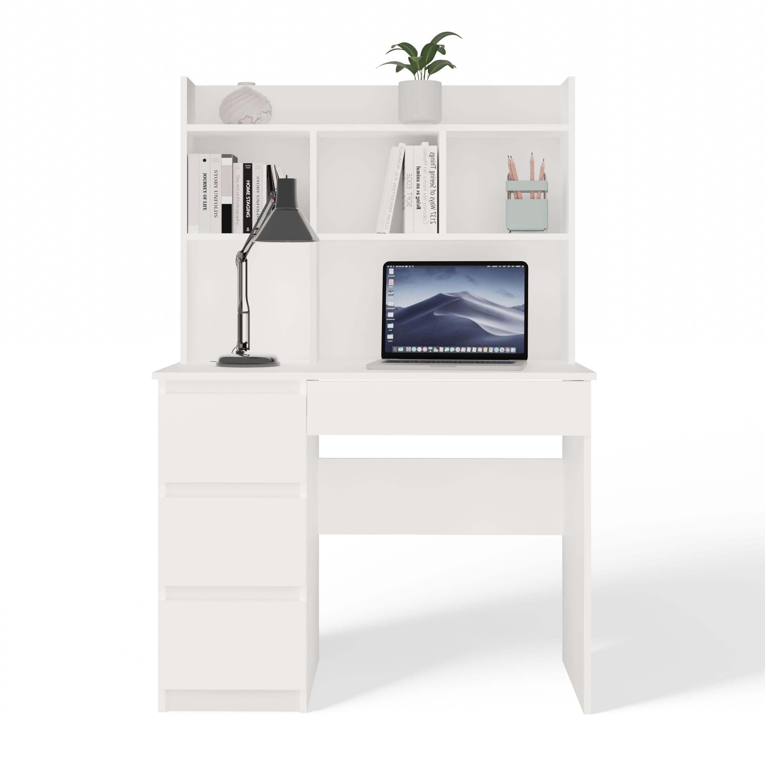 Scrivania Moderna con Libreria 5 Ripiani 98x146 cm, Mobile PC Salvaspazio con 4 Cassetti, Scrittoio per Cameretta e Studio, Design Elegante, Bianco Opaco SCT15 (Cassetti a sinistra)