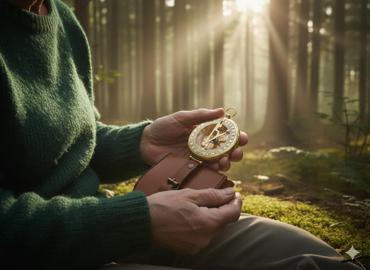 Boussole à cadran solaire finition laiton avec étui en cuir et chaîne – Boussole à ouverture par pression – Accessoire steampunk – Beau cadeau fait à la main – Horloge à cadran solaire