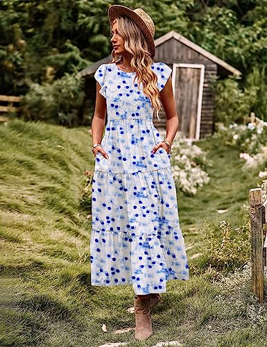Image of YESNO Women Summer Dresses Ruffle Cap Sleeve Casual Dress Boho Smocked Bodice Maxi Dress with Pockets E05