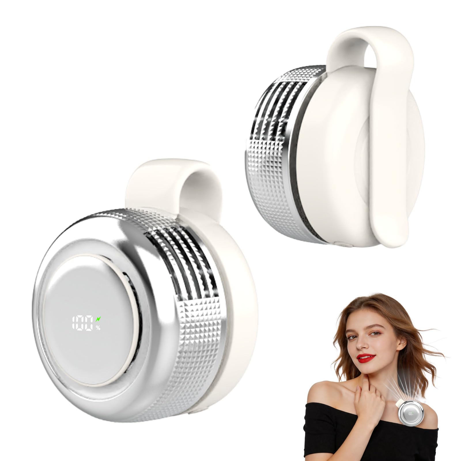 Wlztea 5-Speed Clip-On Mini Fan, Portable Bladeless Waist Fan with LED Light, 2000mAh Rechargeable Personal Fan for Office, Outdoor, Travel, Summer Gift (White)
