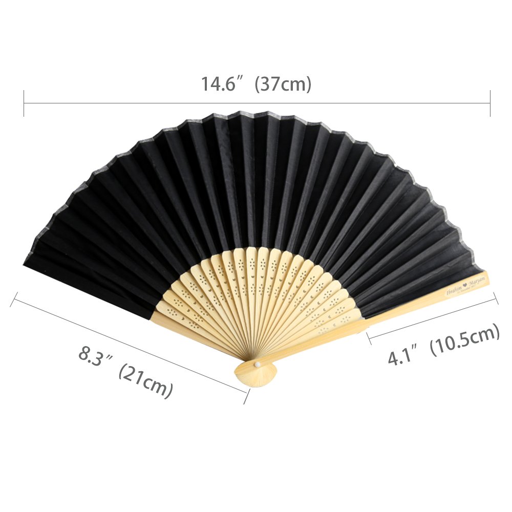 DORIS HOME 50pcs Black Silk Bamboo Handheld Folded Fan Wedding Favor Fan with Laser Cut Gift Box for Bridal Gift Party Favors Customized