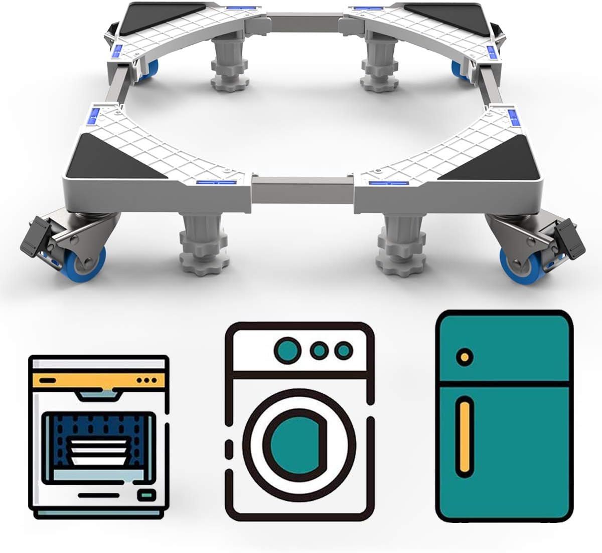 SEISSO Multifunctional Base Stand with Wheels Movable, Telescopic Base with 4 Rubber Locking Swivel Wheels and 4 Strong Feet, Easily Movable Holder for Washing Machine Dryer Refrigerator Cabinet