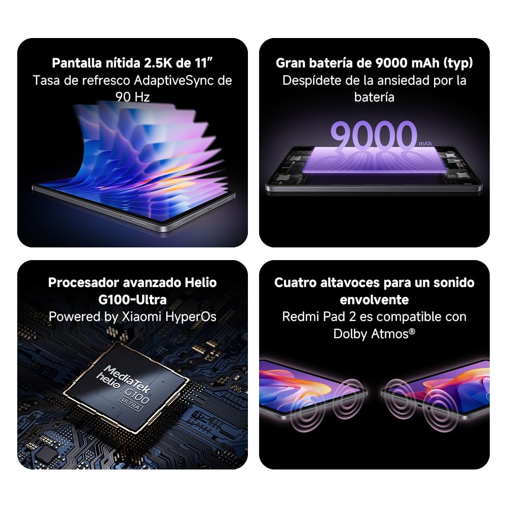 XIAOMI Redmi Pad 2 - Tablet de 11" 2.5K (MediaTek G100-Ultra, 4GB de RAM, 128GB de ROM, WiFi 5 + Bluetooth 5.3, Batería de 9000 mAh, Cargador no Incluido), Gris (Versión ES)