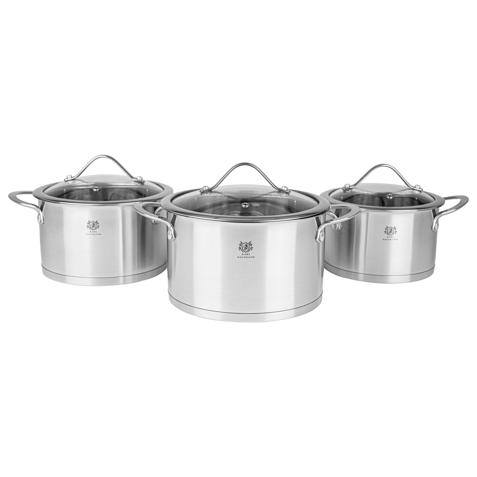 KARL HAUSMANN Topfset Induktion, 6-teilig, Edelstahl, 2 bis 3,7 L | Töpfe mit 3 Glasdeckel mit Dampföffnungen, Innenskalen, genietete Griffe, Kochtopf Set glänzende Oberfläche