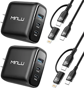 65W USB C Charger Block, MINLU GaN 3-Port Compact Fast PPS Wall Charger with 100W 2 in 1 USB-C to C/L Cable,Fast Charging for MacBook Pro/Air,iPad,iPhone 16/15 and More Series,Galaxy S24 UItra-2Pack