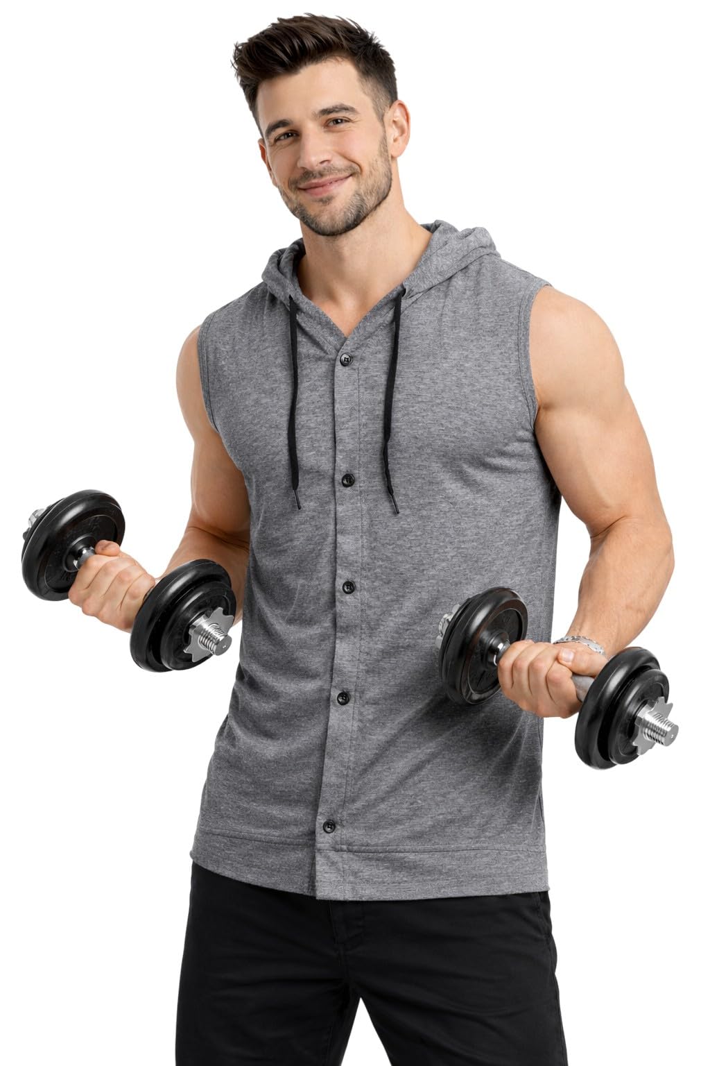 Men's Sleeveless Hooded Button-Down T-Shirt | Casual Streetwear & Gym Vest with Drawstring Hood-image-34