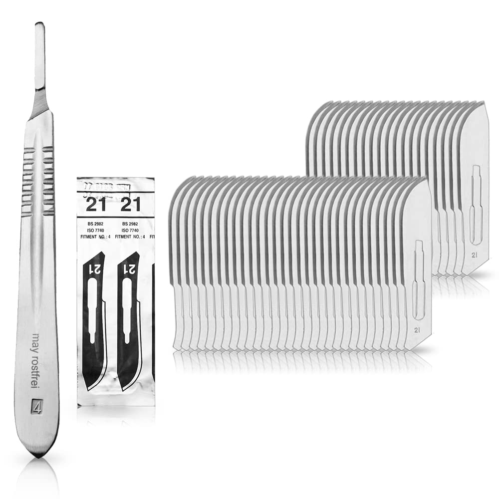 Set - 50 piezas hojas de bisturí No. 21 y mango de bisturí No. 4 - Hojas de repuesto para bisturí hechas de acero al carbono - Estéril