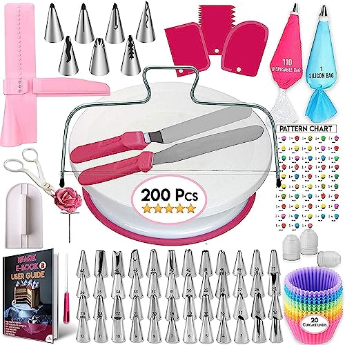 MAOYUTOU Cake Accessory Set 200 Pieces Cake Plate Rotatable Baking Accessory Set including Cake Turntable and Piping Nozzles Icing Bag Angled Spatula Muffin Cases