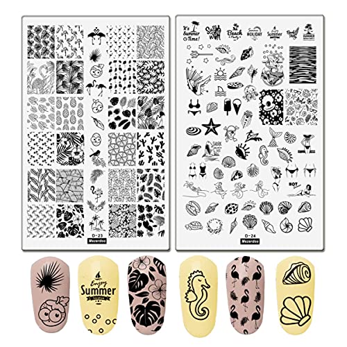 Summer Nail Art Stamping Plates Kit- 2pcs Mermaid Swan Nail Art Plate Templates Flamingo Flowers and Cute Ocean Animals Stamp Templates Set Nail Art DIY Design Gift for Women