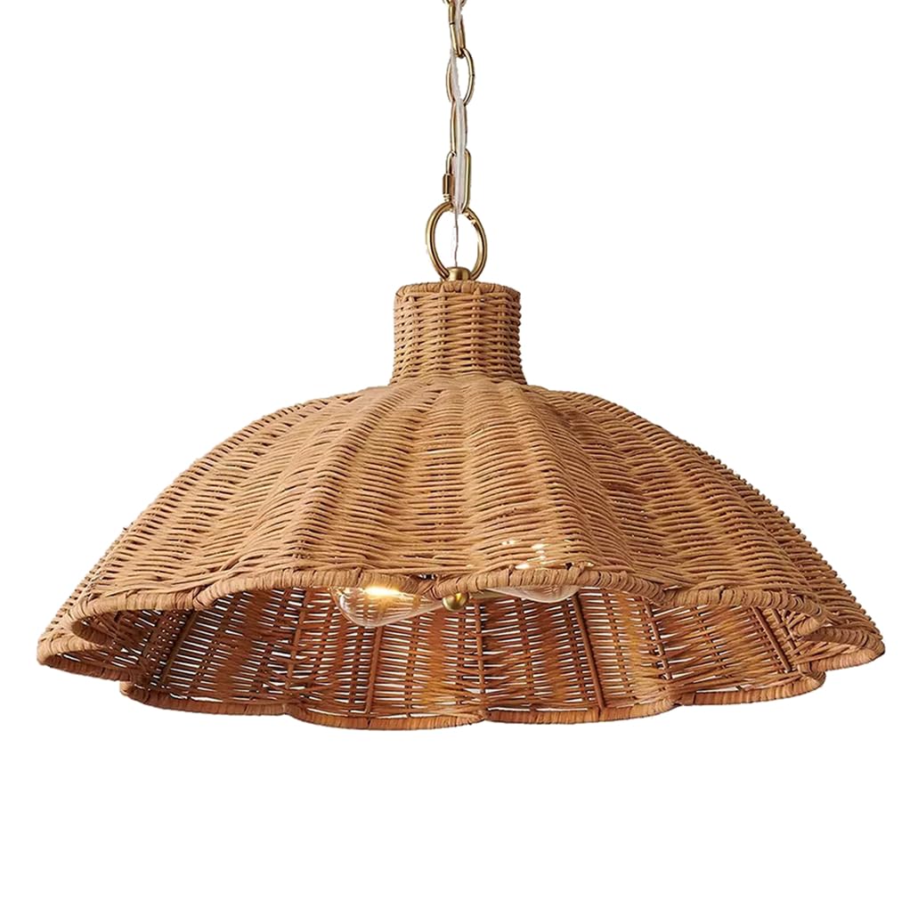 CSSYKV Dark Rattan Pendant Light, 15.7" American Retro Room Chandelier with Gold Hanging Chain Base Hand-Woven Wicker Rattan Basket Light Fixtures for Dining Room Kitchen Island Living Room