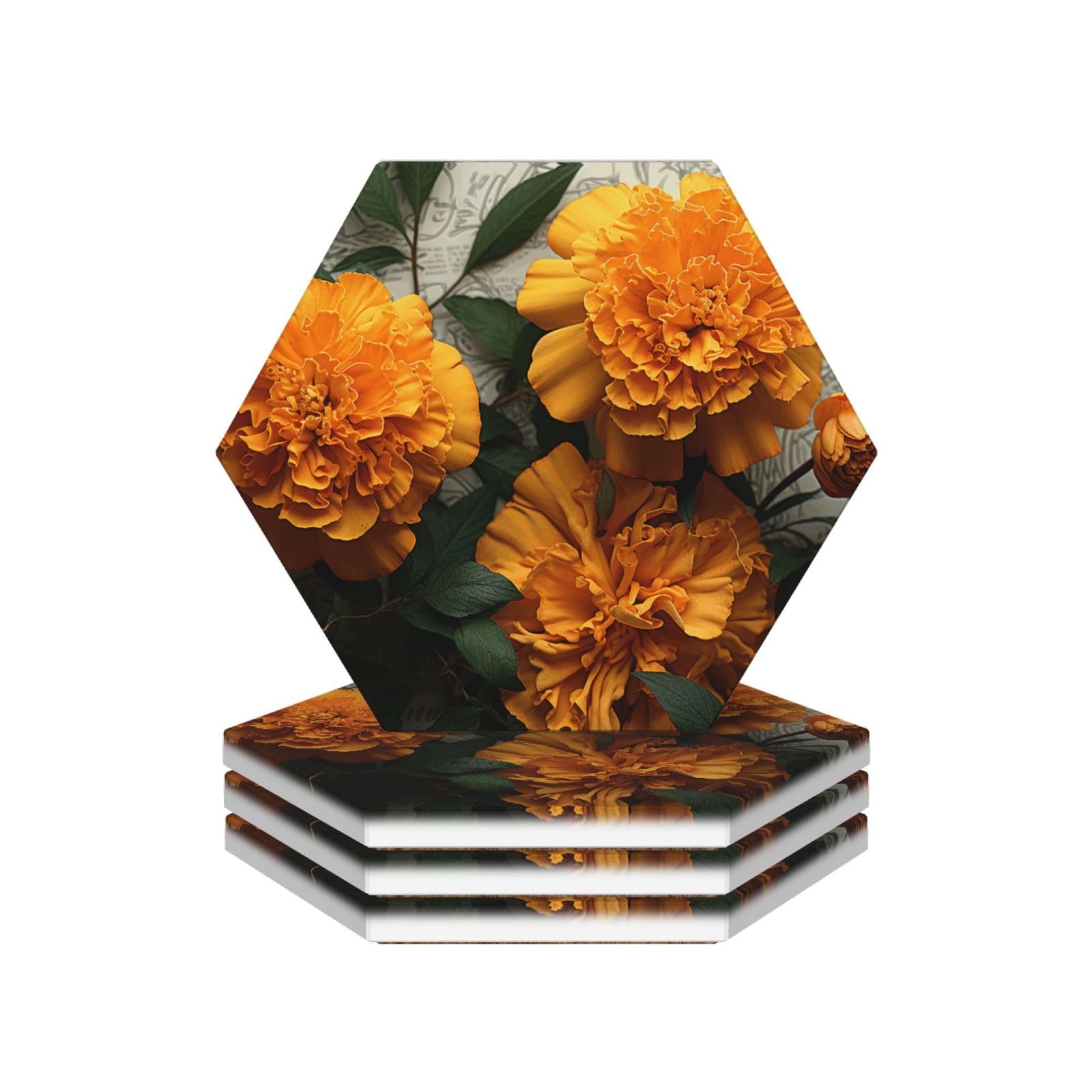 Drink Coasters Set of 4 Coffee Ceramic Coaster Marigold Coasters for Drinks Coffee Cup Mat Heat Resistant Tabletop Protection Coaster Desk Accessorie Home Decorative