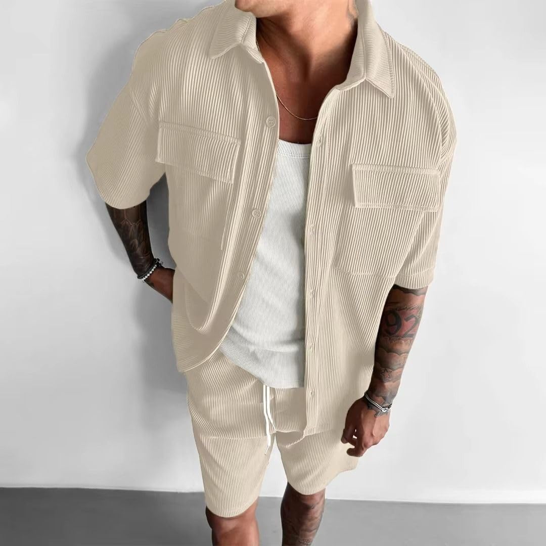 Set da uomo pantaloncini multi tasca, camicia larga e pantaloncini estate