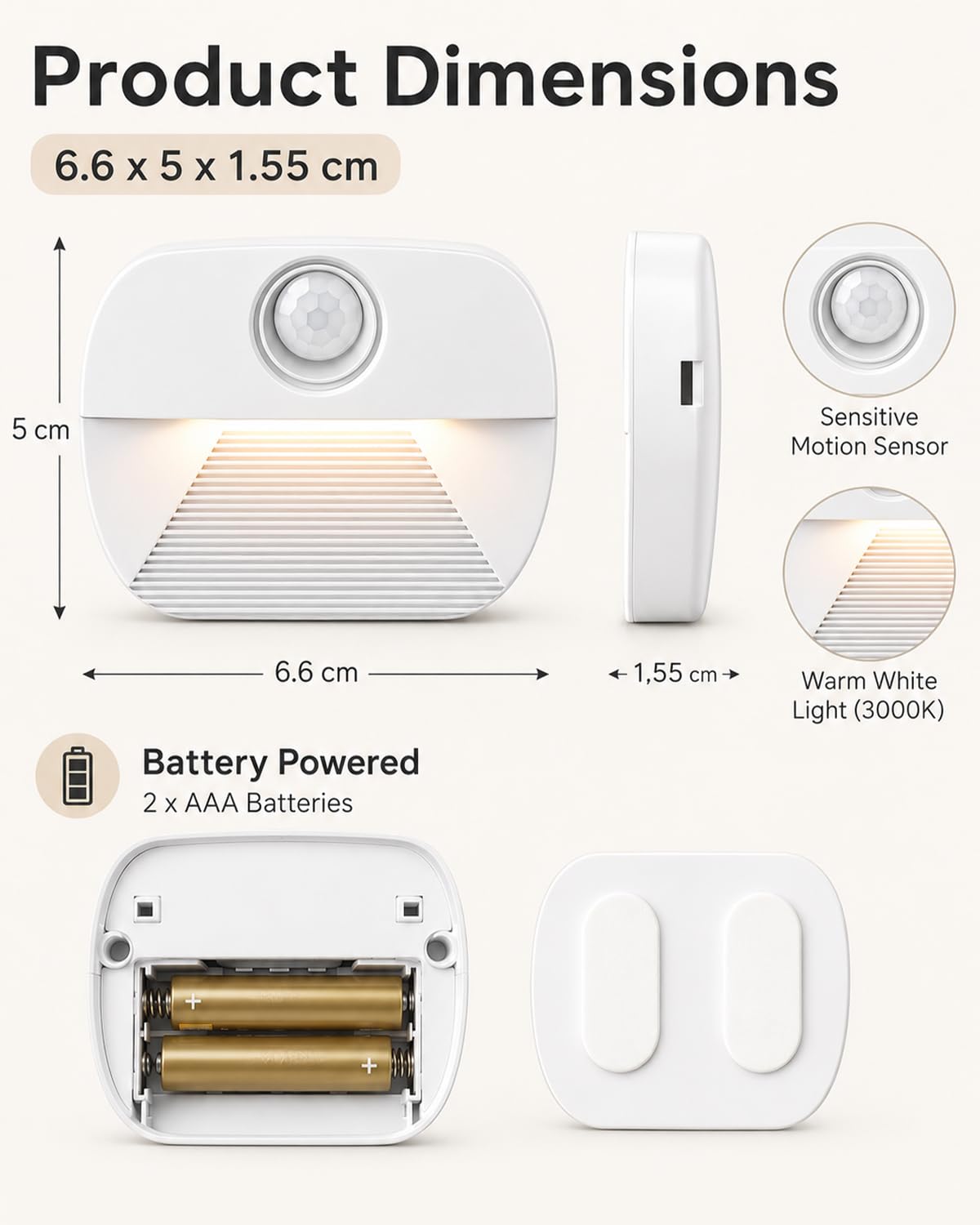 Luz nocturna LED con detector de movimiento, 4 unidades de luz de movimiento para niños, funciona con pilas, iluminación interior para escaleras, luz de sensor de encendido/apagado para pasillo