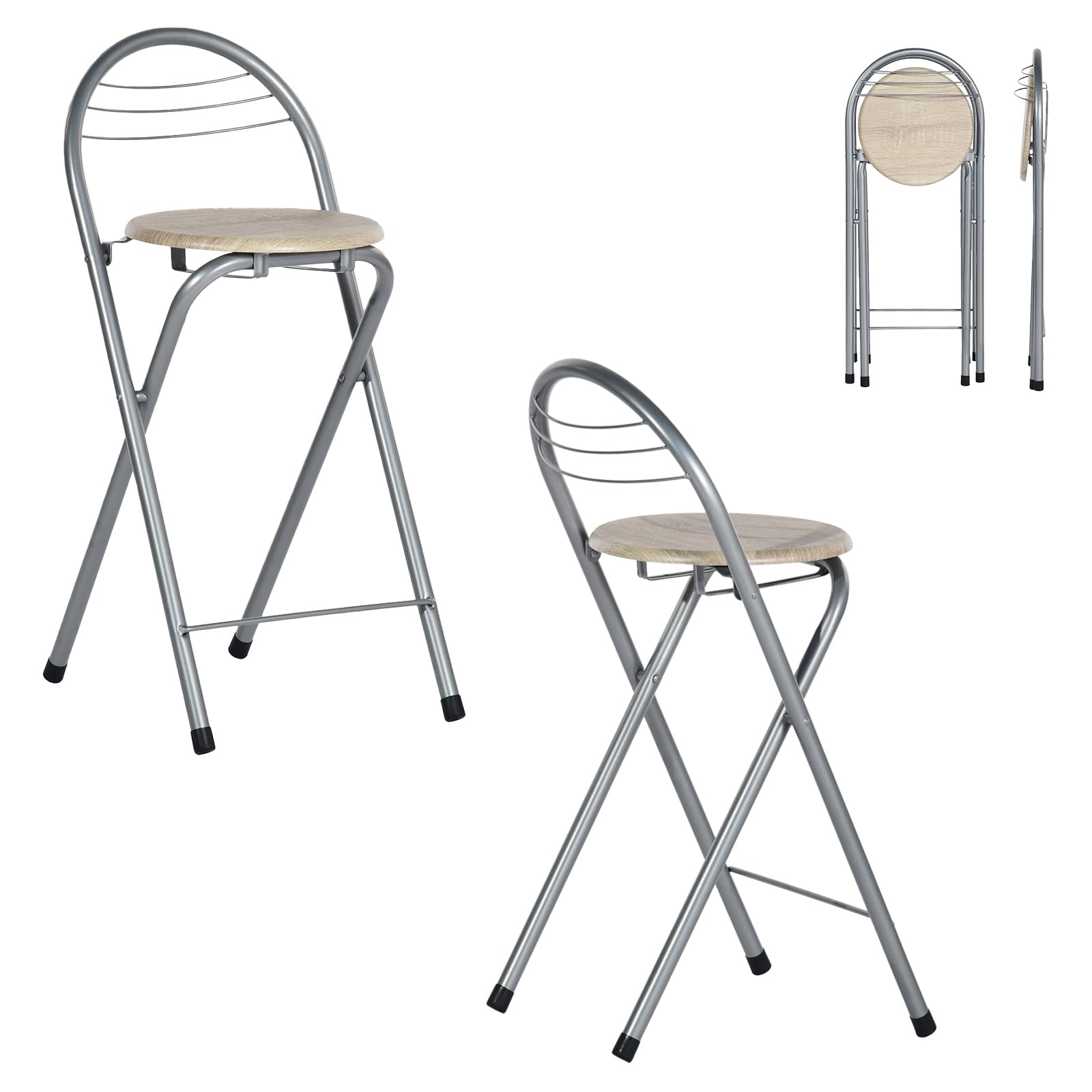 Klapphocker Faltbar 2er Set, Tragbarer Faltbarer Hocker Barhocker Klappbarer mit Lehne Outdoor Gartenhocker Klappbar für Garten Balkon Küche Bar Outdoor, Sitzhöhe 61 cm (Eiche und Silber)