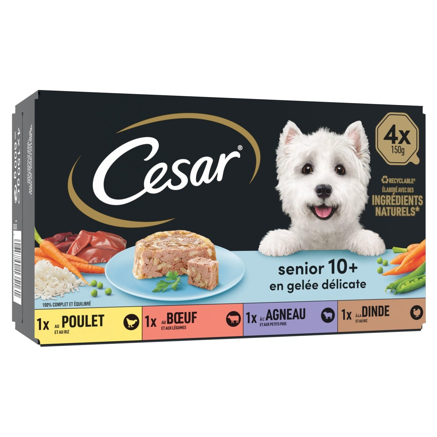 Pâtée pour Chien Sénior Gelée Poulet Boeuf Agneau Dinde Cesar - la boîte de 4 barquettes Lot De 3 - par Lot
