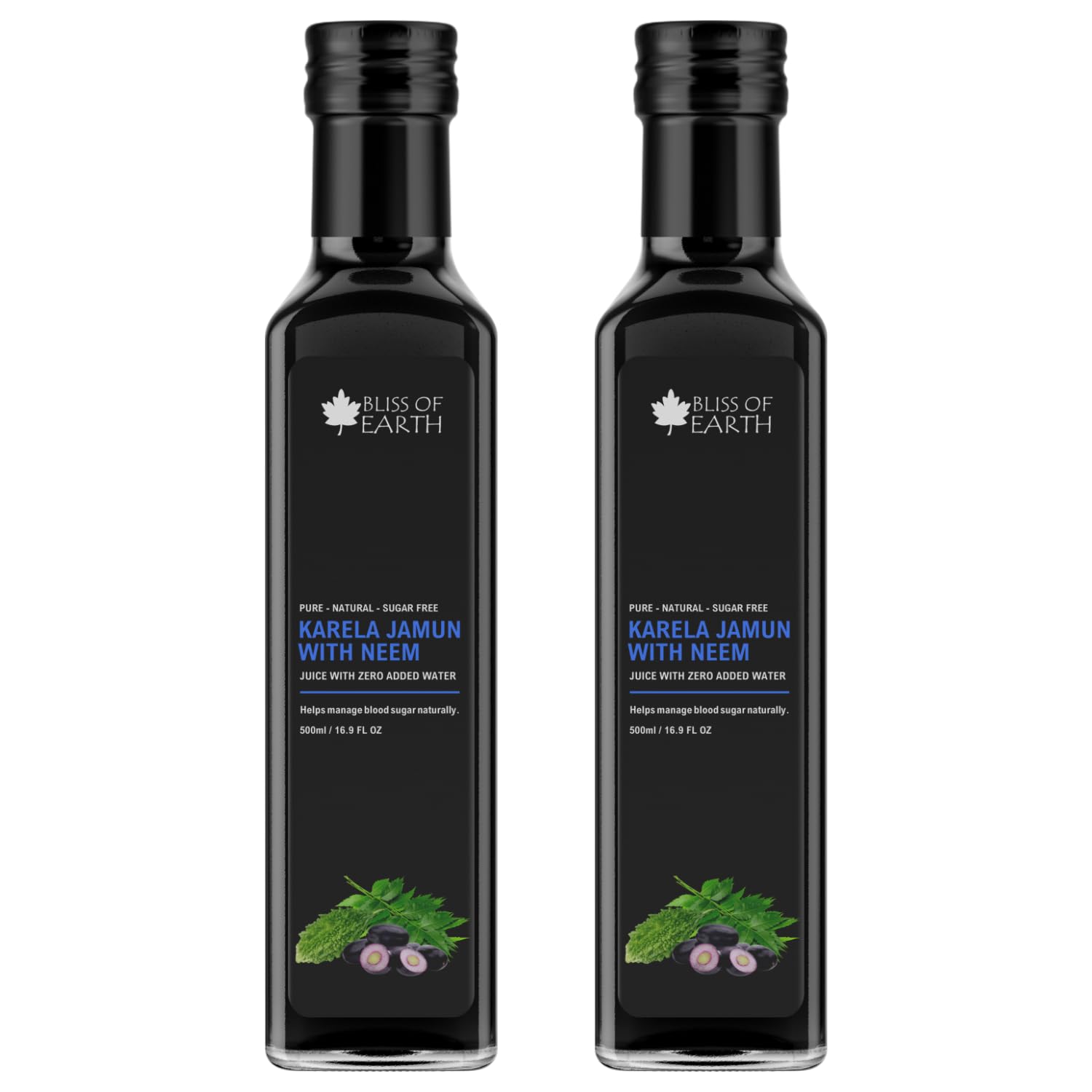 Bliss of Earth Karela Jamun Juice With Neem For Sugar Control, Natural Boold Sugar Support & Detox, Zero Sugar, Zero Water, 500ml PET Bottle Pack of 2