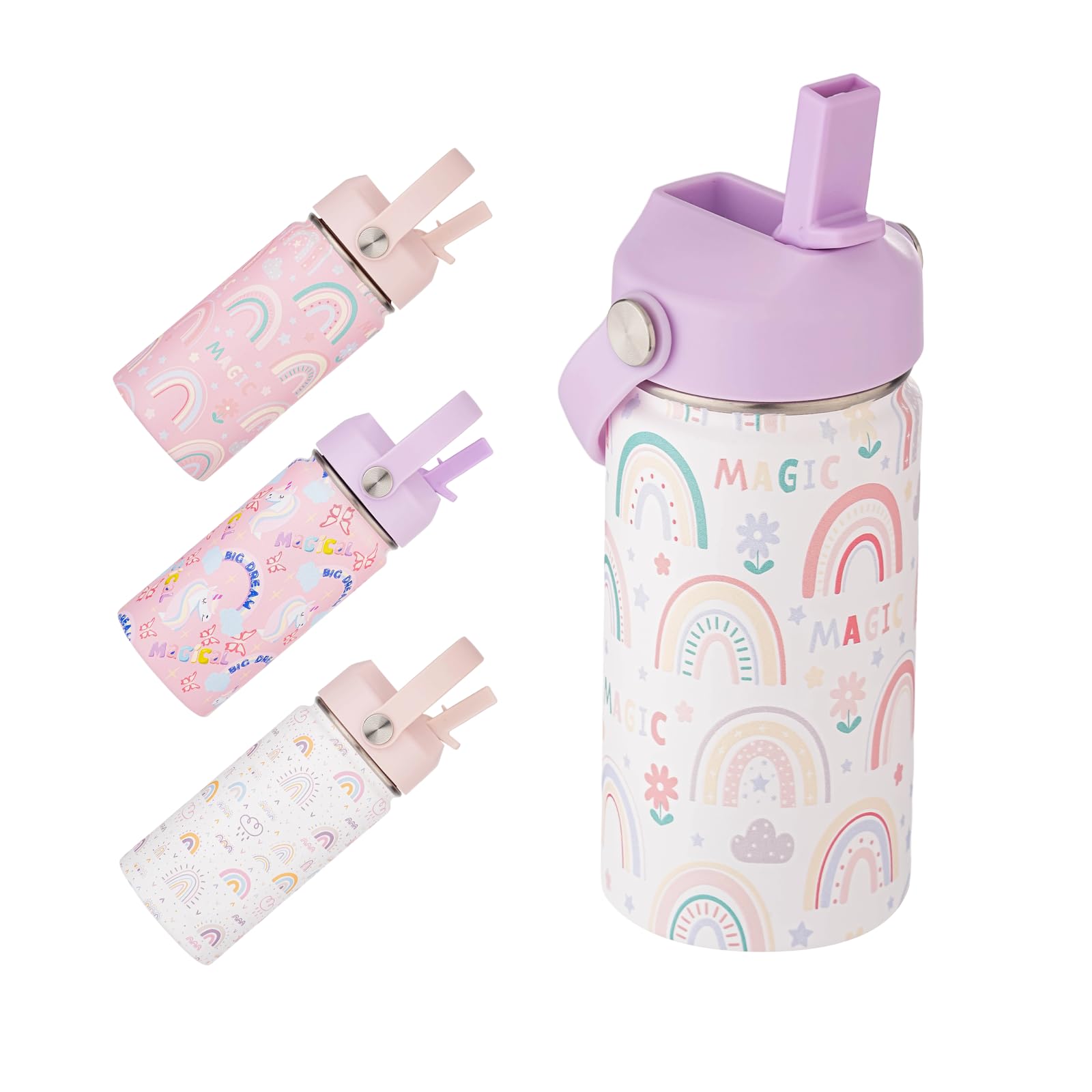 Kids Water Bottle with Straw 12 oz - Insulated Stainless Steel Sports Bottle Leakproof Wide Mouth Thermal Cup