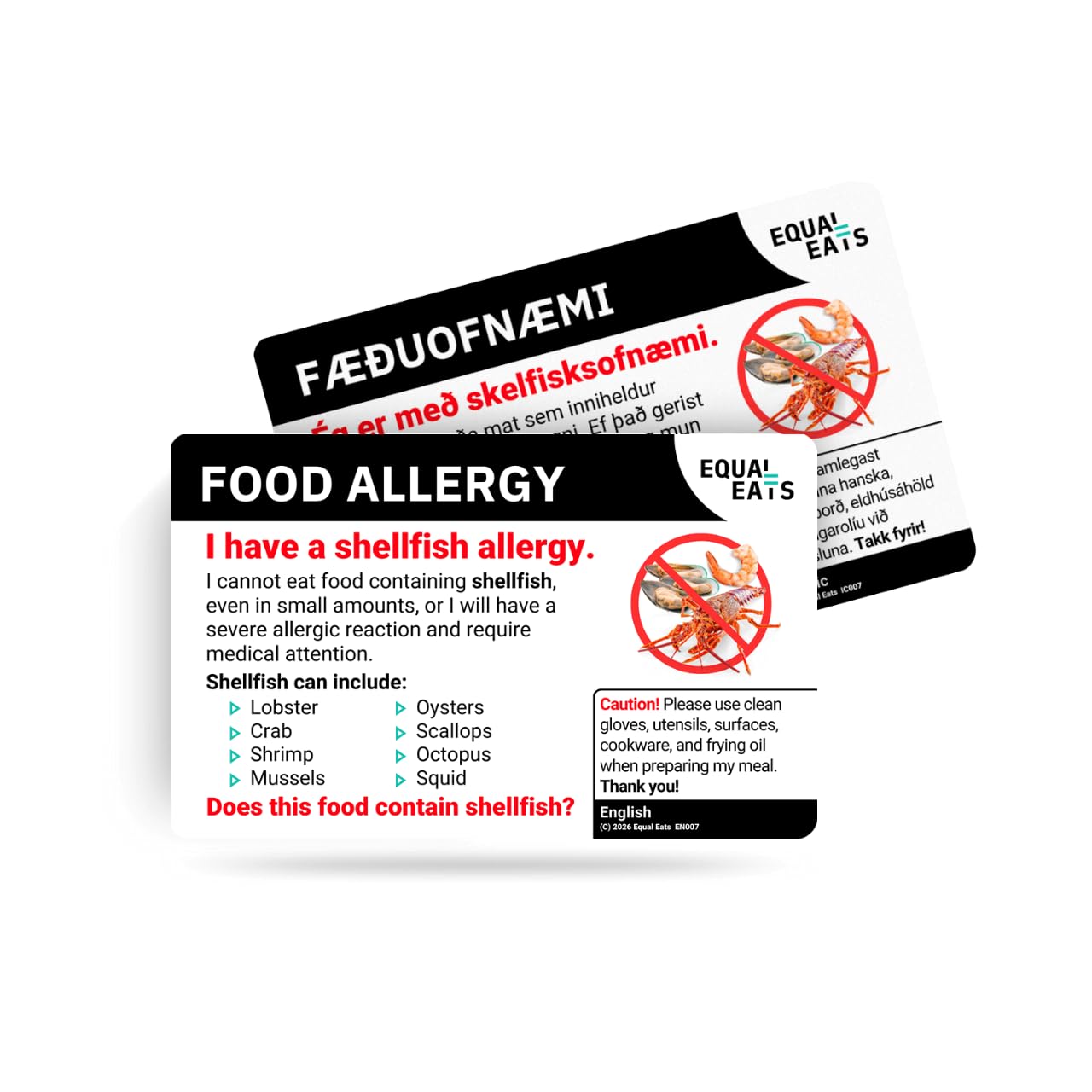 Equal Eats Shellfish Allergy Translation Card, Credit Card Size, English, Food Allergy Alert Card (Icelandic)