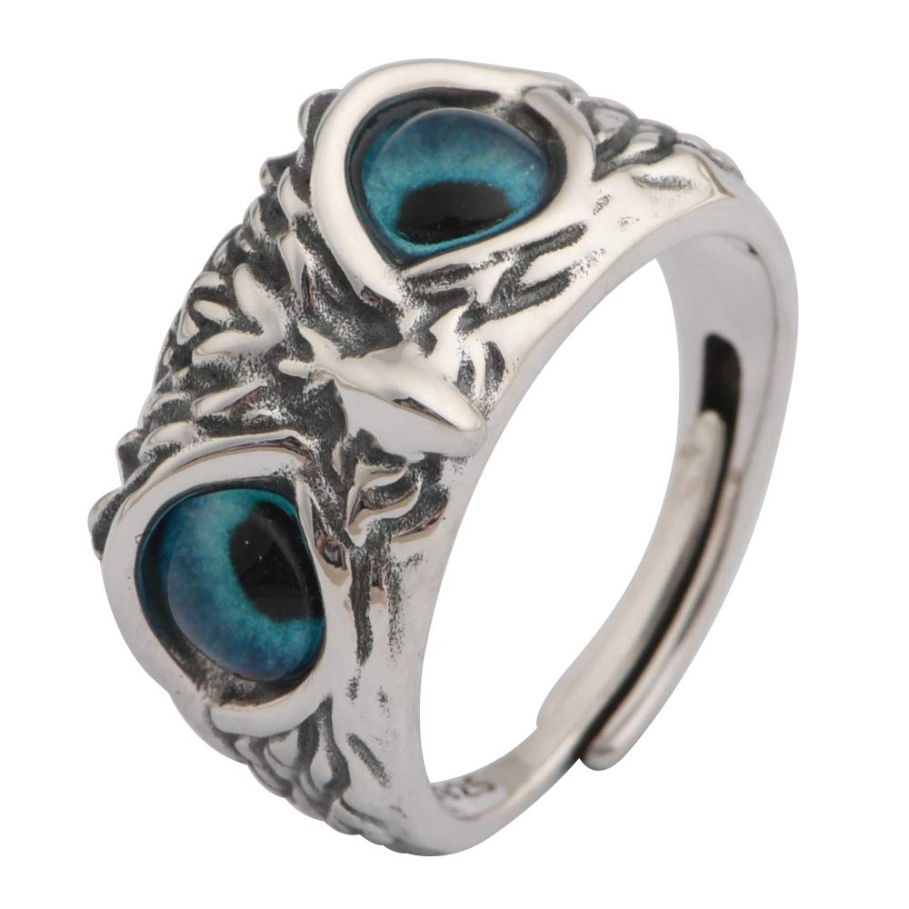 Retro 925 Sterling Silber Eule Nachteule Ring mit Blauen Augen für Herren Damen Offen und Verstellbar