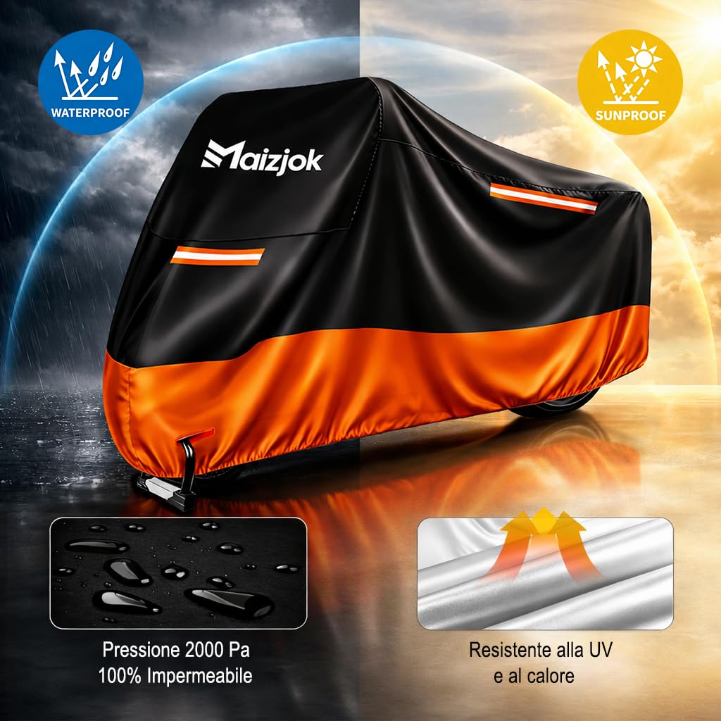Maizjok® Telo Moto da Esterno Interno Telo Coprimoto Impermeabile Copri Moto 210D Poliestere Copertura Universale per Scooter Motorino Ciclomotori Motocicletta Stradale Motocross (245x105x125cm）
