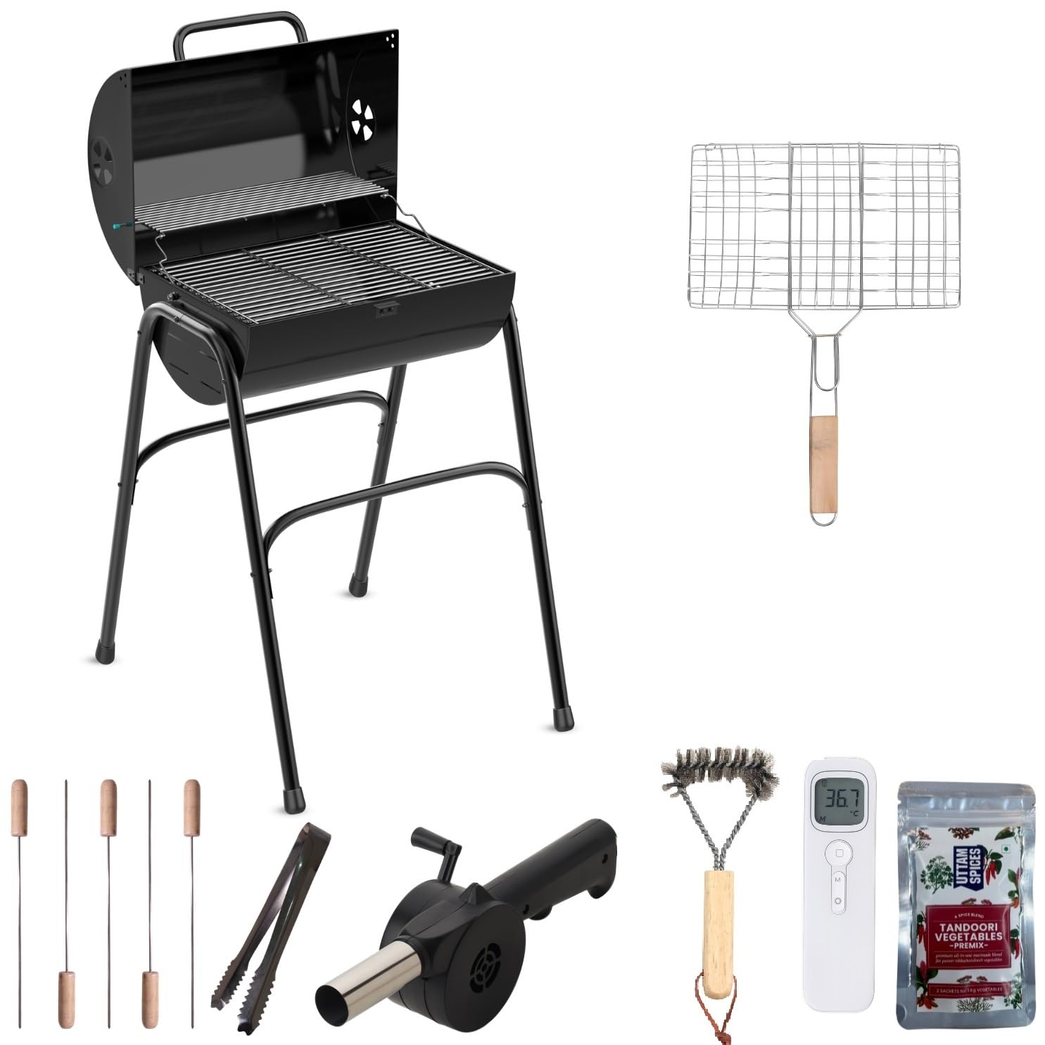 Finiky GrillBeat Compact Barbeque Grill with Accessories for home | Large Cooking Area, Additional Warming Rack | Barrel style, Charcoal Griller BBQ With 5 Skewers, Tong, Airblower, Spices,Wooden Cleaning Brush, Thermometer,Grill Net Small,Glove with (B0D6BJBKSG) Amazon Price History, Amazon Price Tracker