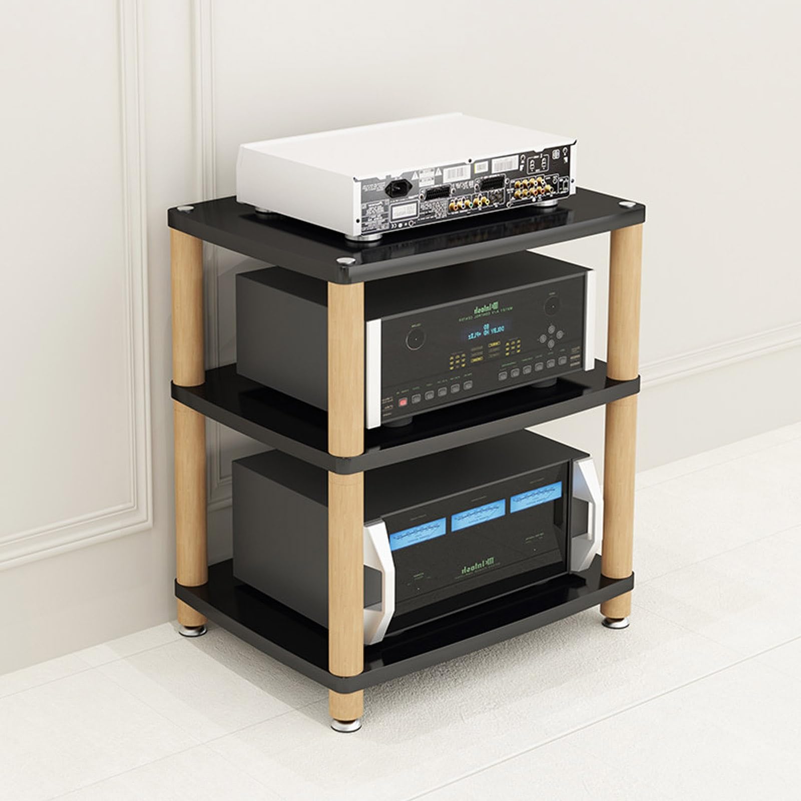 Estantería para amplificador de madera maciza: el rack AV de 3 niveles para audiófilos