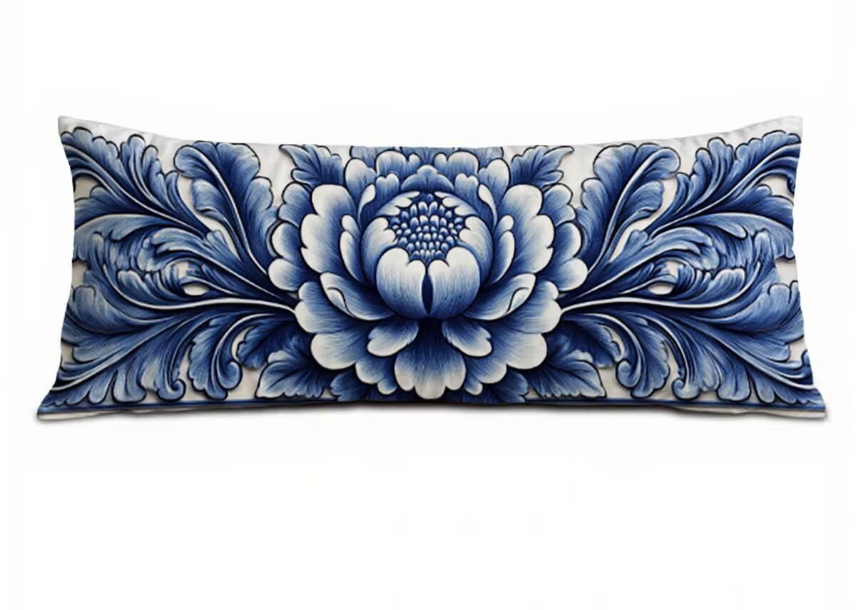 Seitenschläferkissen Bezug Blau Kissenbezug 60 x 180 Schwangerschaftskissen Blume, Leinen Atmungsaktiv und Weich Body Pillow, für Deko Wohnzimmer Sofa Kopfkissenbezug, Geschenke für Fraue T-10527