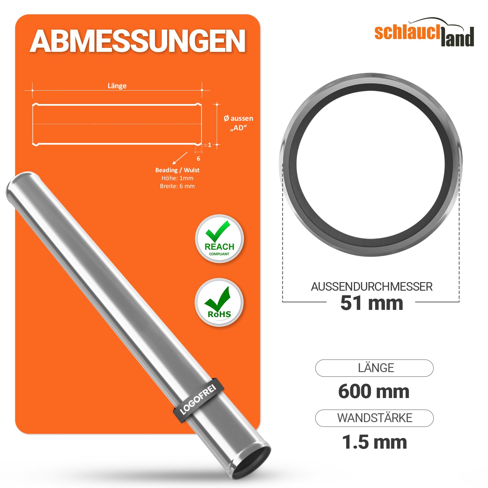 2 Stück | 60cm Edelstahl-Rohr AD-Ø 51mm poliert & gebördelt V2A 1.4301 INOX rostfrei | AUSWAHL 1-10 Stück & 13-200 mm Durchmesser | Edelstahl Rohr Motor KFZ Kühler Druckluft BIS 800°C| PREMIUM