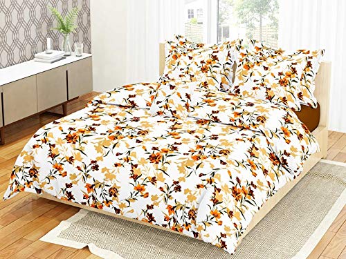 Softon 100% Cotton Double Bedsheet 180TC with 2 Pillow Cover White Base Flower Designs-Coffee,White and Yellow