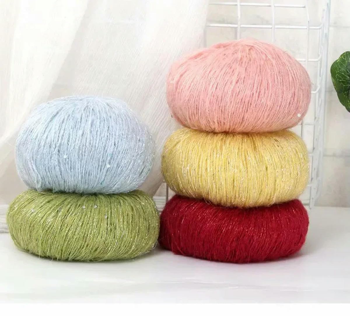 Filato Pizzo Mohair con Paillettes Uncinetto Maglia per Maglione Scialle Filati per Ricamo 450m/pz 50g 6pz