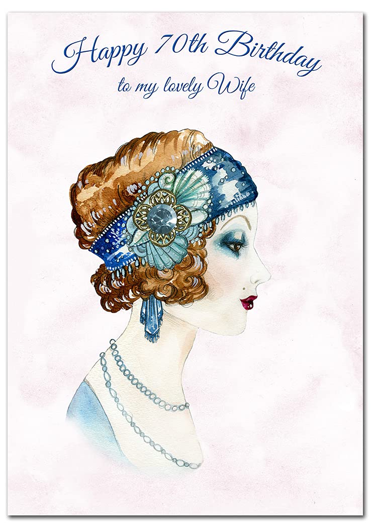 Extra Large Wife 70th Birthday Card - XL Big thick A4 size - Special Age Year Greeting Her Women Female - Beautiful Art Watercolour Retro Portrait - Nice Huge Happy Wishes UK Eco-Friendly