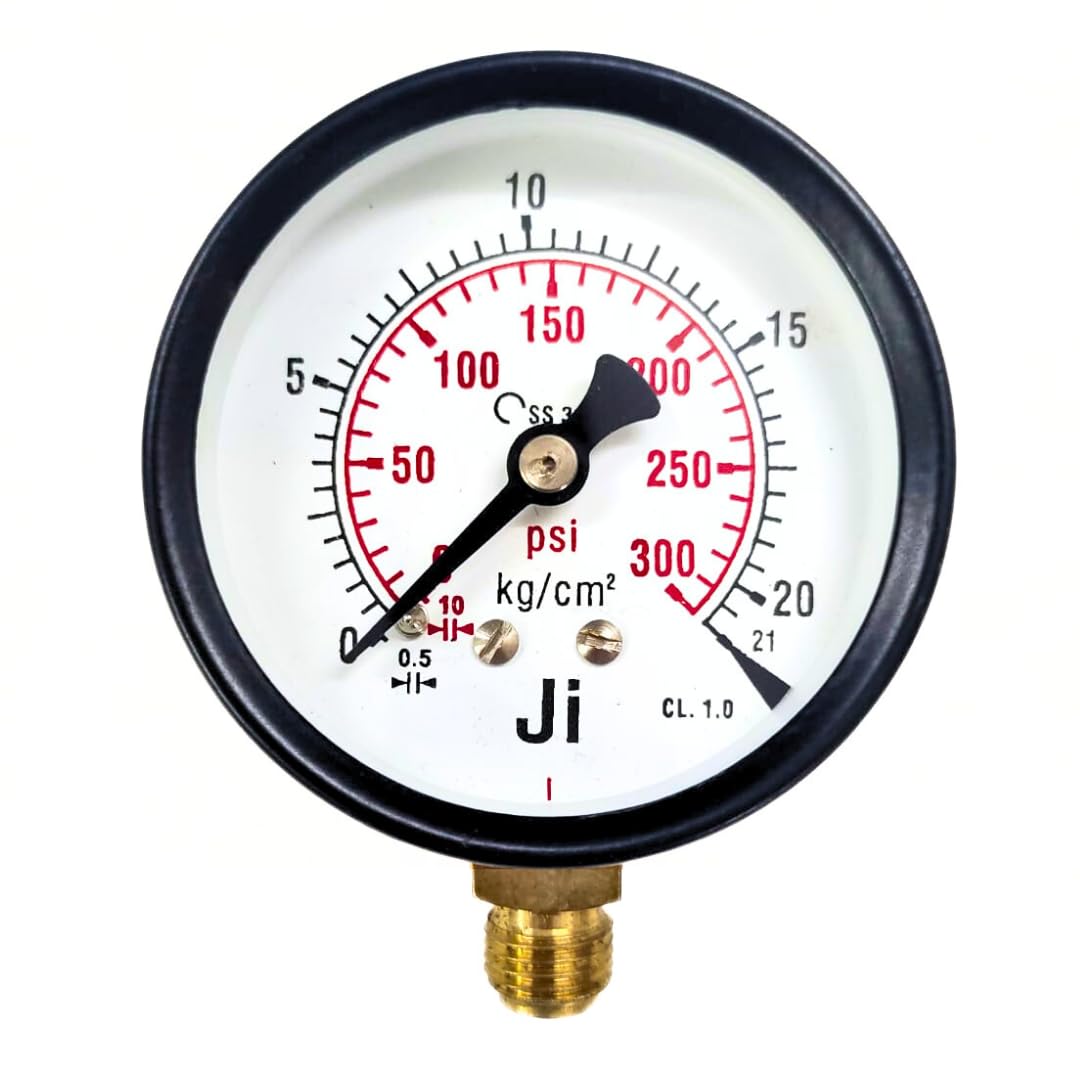 "Ji" Japsin Instrumentation Commercial Pressure Gauge, Dial 2 1/2", Range 0 to 21 Kg/Cm2 With Dual Scale of 300 PSI, Direct Mounting Bottom Entry, 1/4" BSP (M) Connection, MS Case & Brass Internals