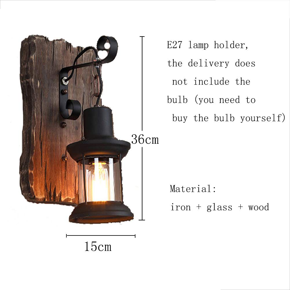 Wandleuchte Industrie Vintage Holz Eisen Glas Wandlampe Retro Rund Wandbeleuchtung rustikal Spiegelleuchte Wandlicht Cafés Hotel Esszimmer Restaurant Esstisch E27