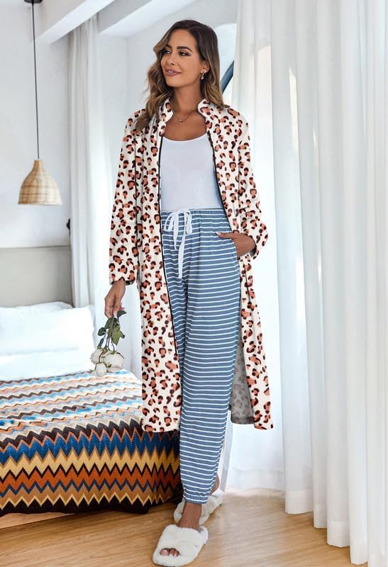 Ekouaer Women's Zip Up Robe Fleece Bathrobe Long Zipper Lounger Warm Housecoat Long Sleeve Nightgown with Pockets, Red Stars, Large - Image 2