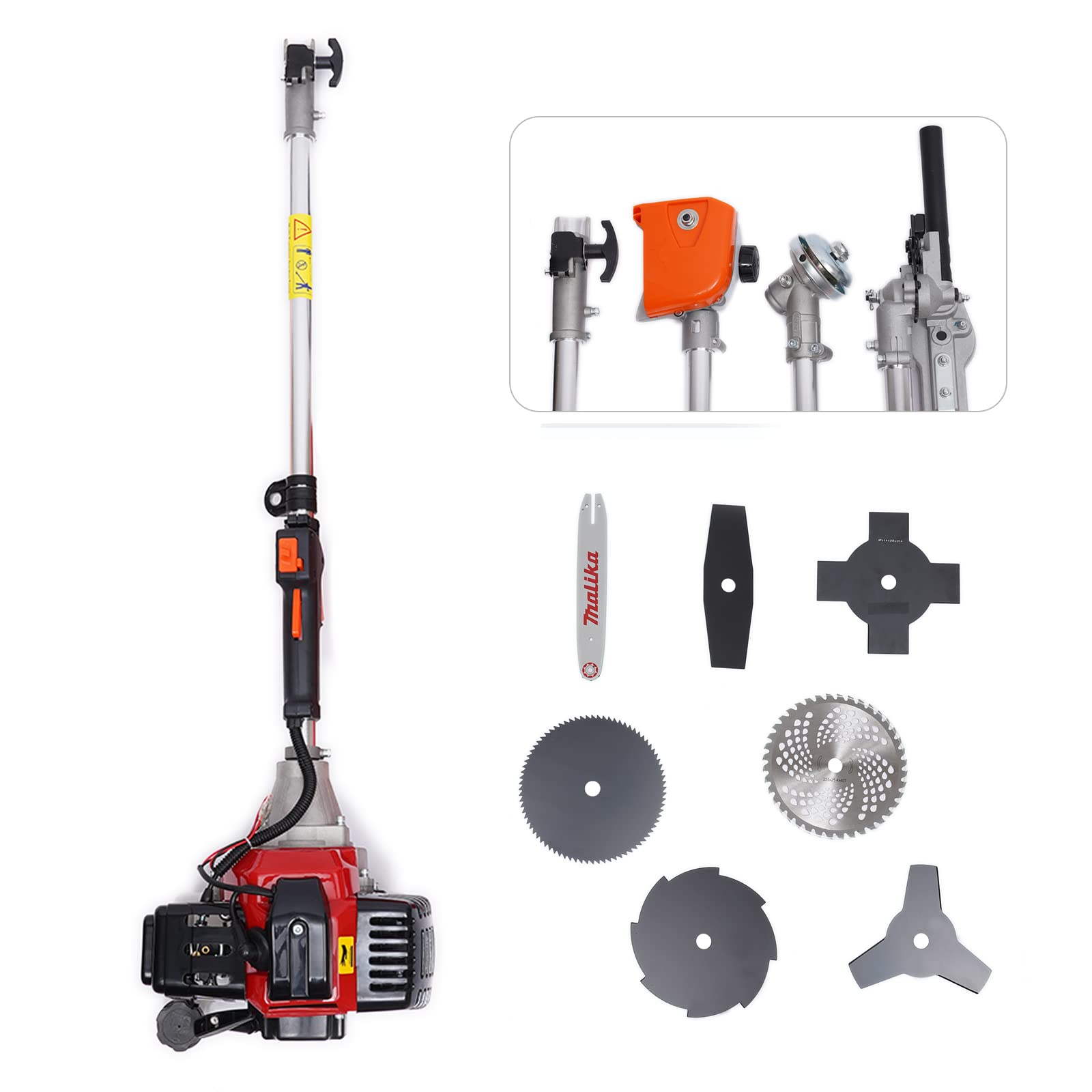 2-suwowy sekator benzynowy 52 cc, 1,7 kW, ze zbiornikiem paliwa 1000 ml i 7 głowicami, 6500 – 8500 obr./min 110 dB, nożyce do żywopłotu, benzynowe do mocnego cięcia w wysokich koronach drzew