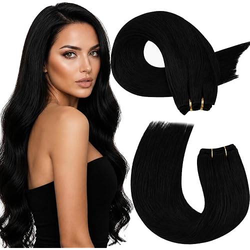 Moresoo Sew in Hair Extensions Real Human Hair Black 24inch Remy Double Weft Hair Extensions for Volume and Length Seamless Natural Blending Jet Black 100g