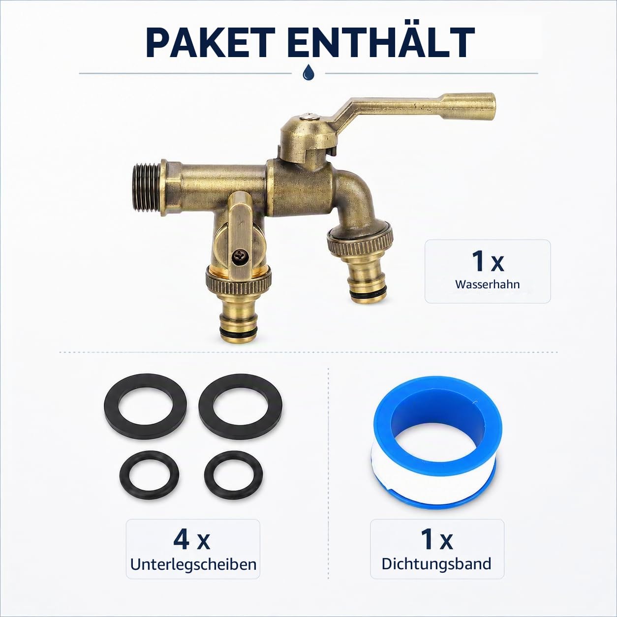 Außen Doppelwasserhahn Set, Doppel Wasserhahn Garten 3/4 Zoll, Outdoor Garten Wasserhahn mit 25mm Doppelauslass wandmontiert frostsicher antiker Messing Wasser Splitter für Gartenschlauch