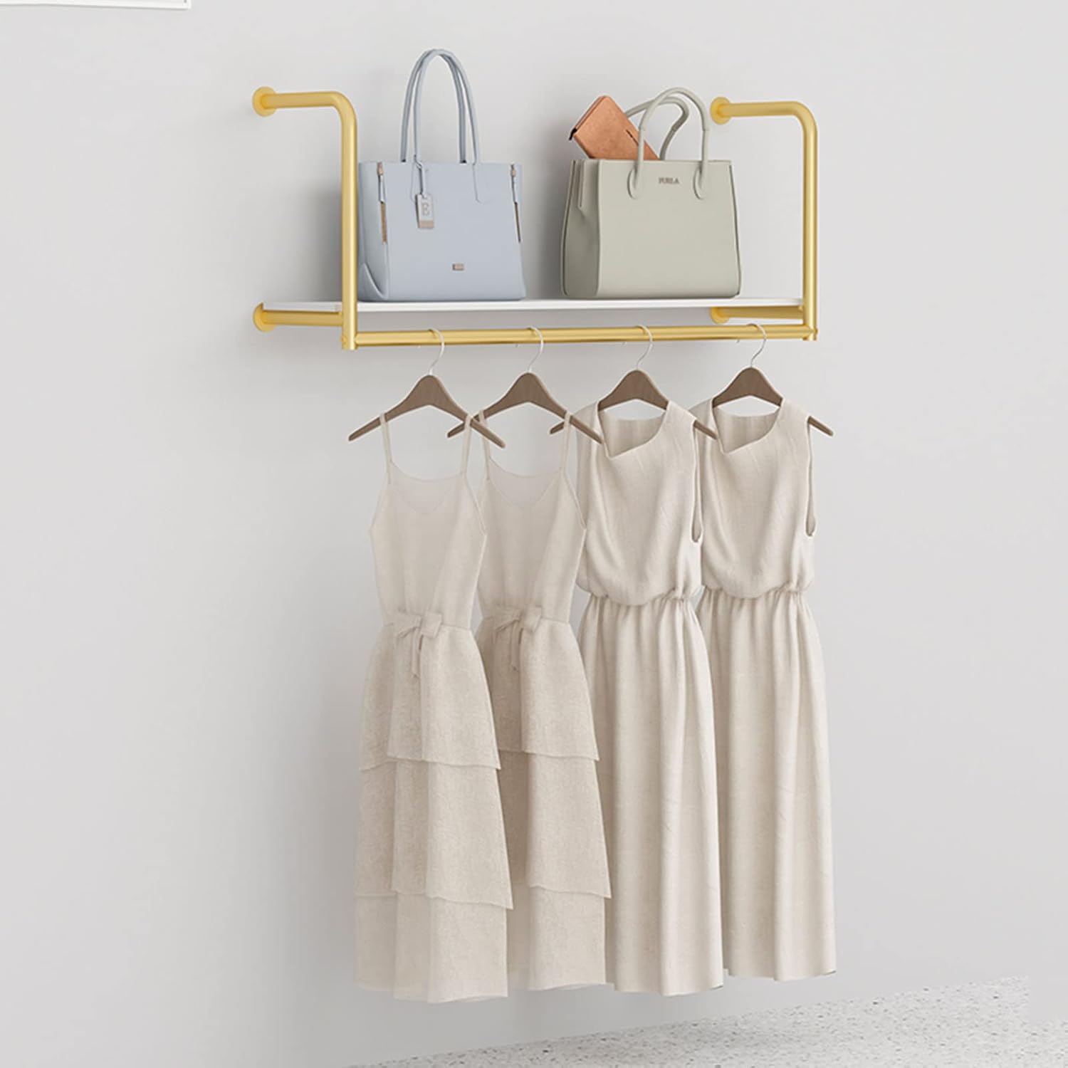 Metal Clothing Garment Rack With Shelves, Wall Mounted