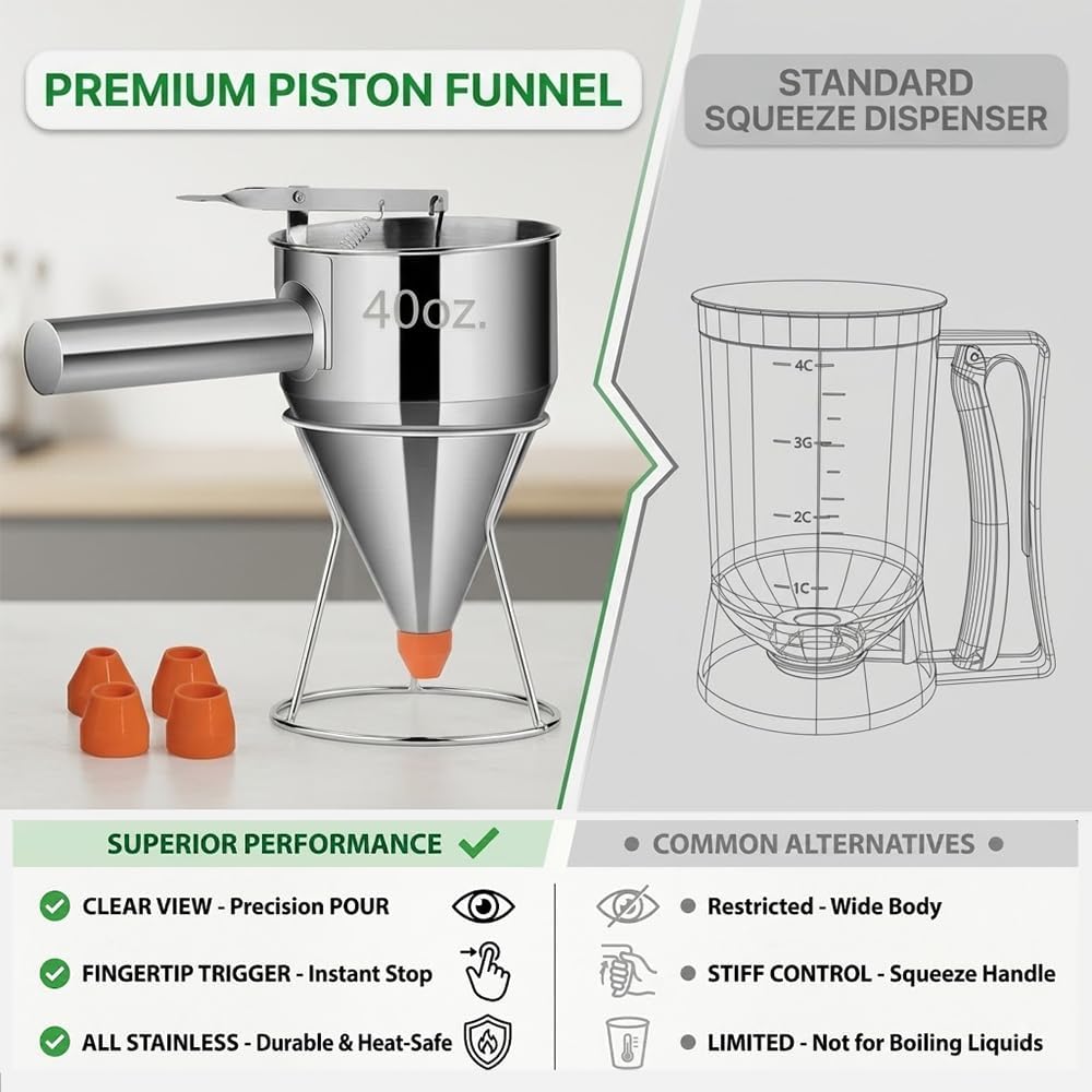 Pancake Batter Dispenser – 40oz Stainless Steel No-Drip Funnel, 4 Interchangeable Silicone Nozzles, Easy Control Batter Dispenser for Pancakes, Cupcakes, Funnel Cakes, Muffins & More image 3