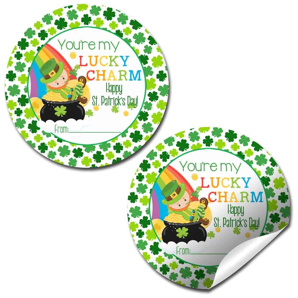 Leprechaun Lucky Charm St. Patrick’s Day Gift Tag Sticker Labels, 40 2" Party Circle Stickers by AmandaCreation, Great for Party Favors, Envelope