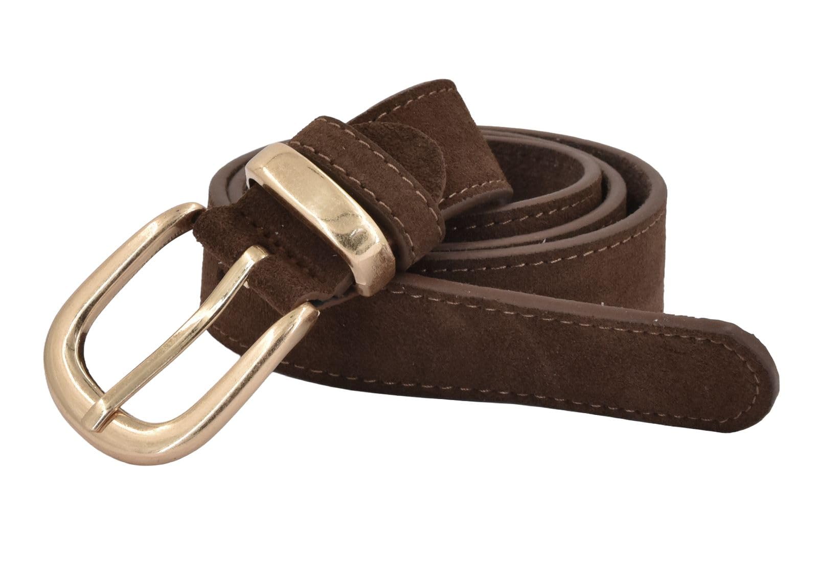 Stylebreaker Women's Chocolate Genuine Leather Belt 3 Cm | Soft Cowhide With Velour Finish | Elegant Antique Gold Buckle | Vintage Suede Look For Jeans & Dresses | Adjustable, Size:90cm