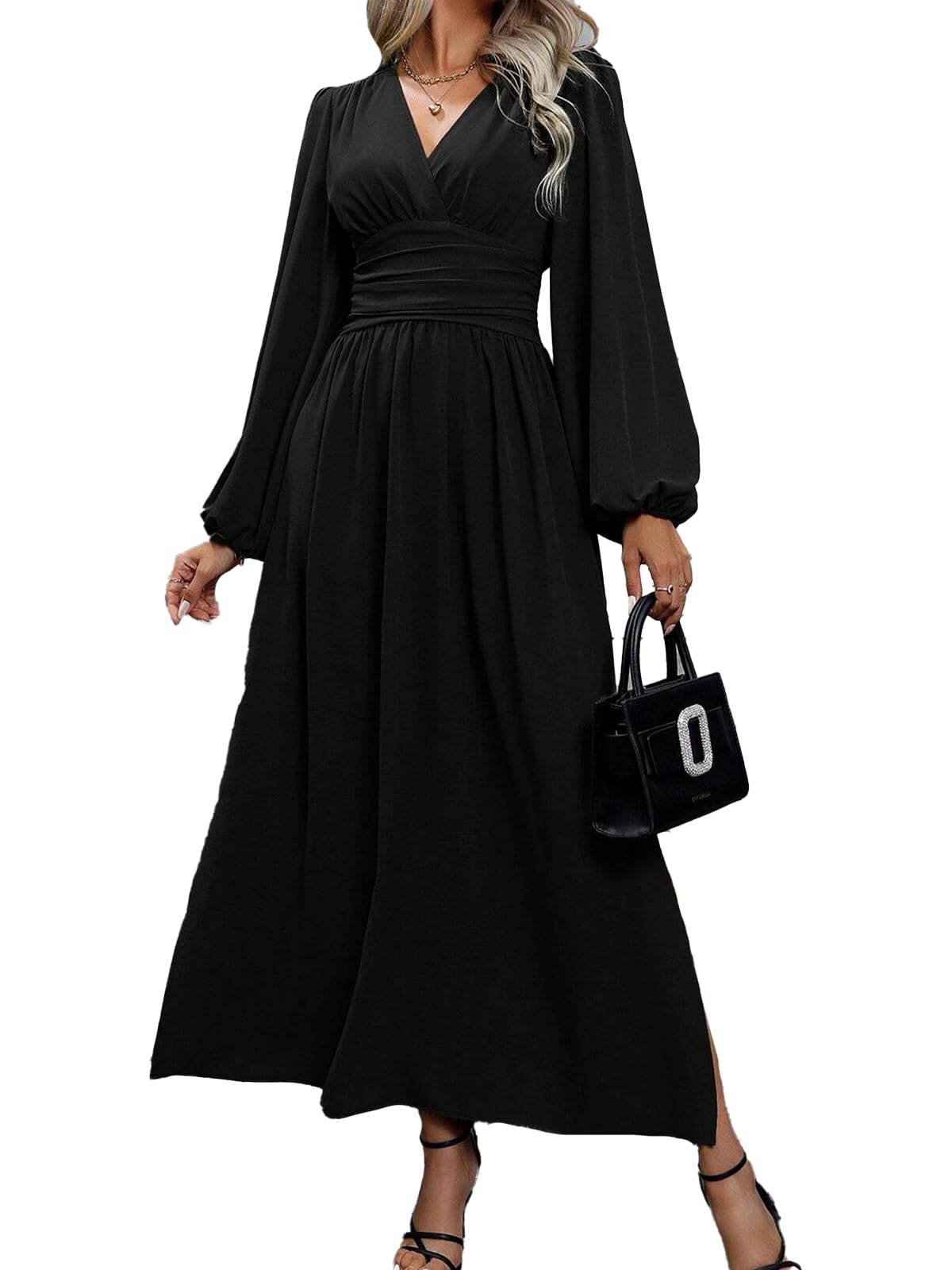 Abito Elegante Donna Scollo a V Plissettato Vita Alta Abito Lungo con 2 Side Spaccato Causal Manica Lanterna Vestiti Autunno Iinverno Abiti