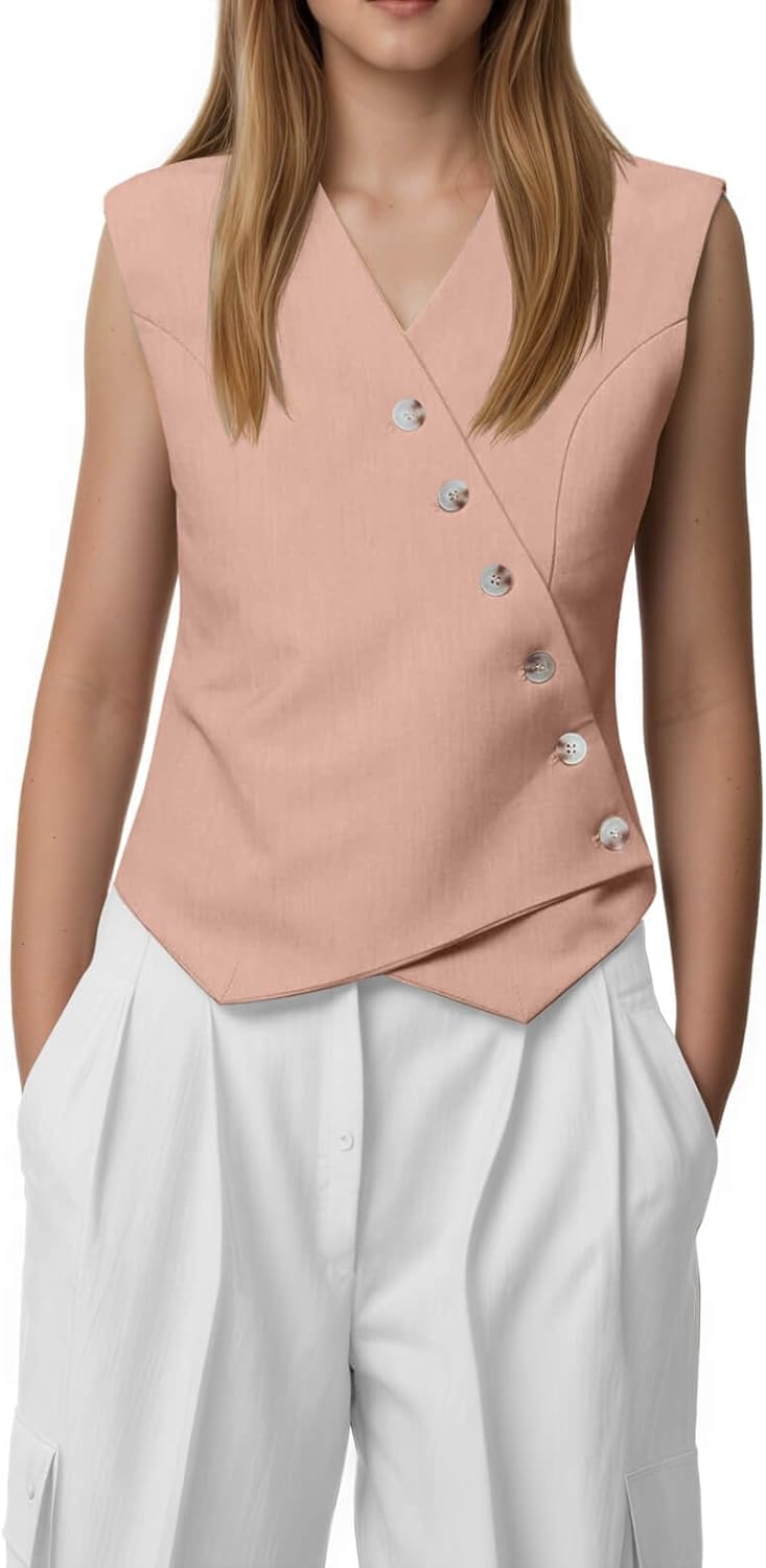 Cicy Bell Womens Waistcoat Vest Sleeveless Blazers V Neck Button Up Asymmetrical Hem Work Office Suit Vests - Image 2